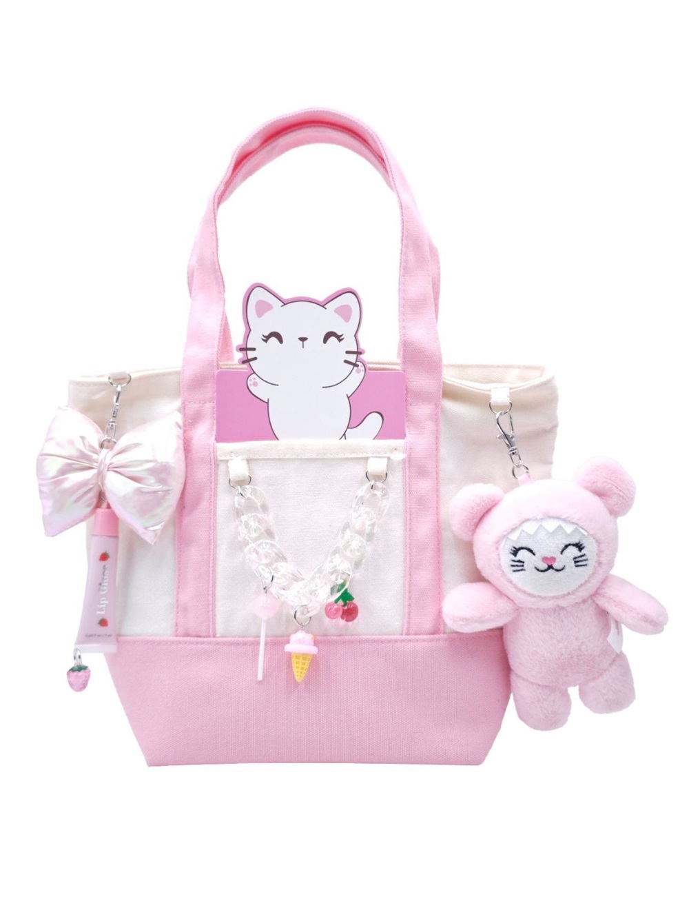 Cute Pink Cat Tote Bag with Plush Charm for Kids
